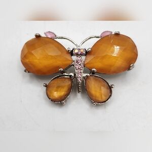Vintage Rhinestone Butterfly Pin Brooch Amber Color Pink 2"